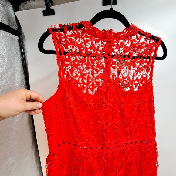Boohoo Skater Dress Plus 16 Sleeveless Lace Tiered High Neck Night Out Red NWT - Picture 5 of 12